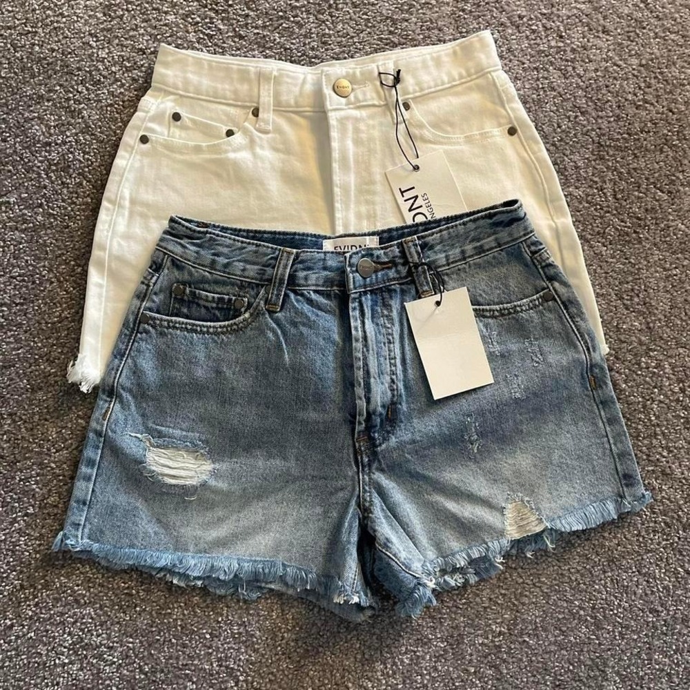 EVIDNT Los Angeles High Rise Denim Shorts Bundle Blue Distress White Raw Hem‎ 25